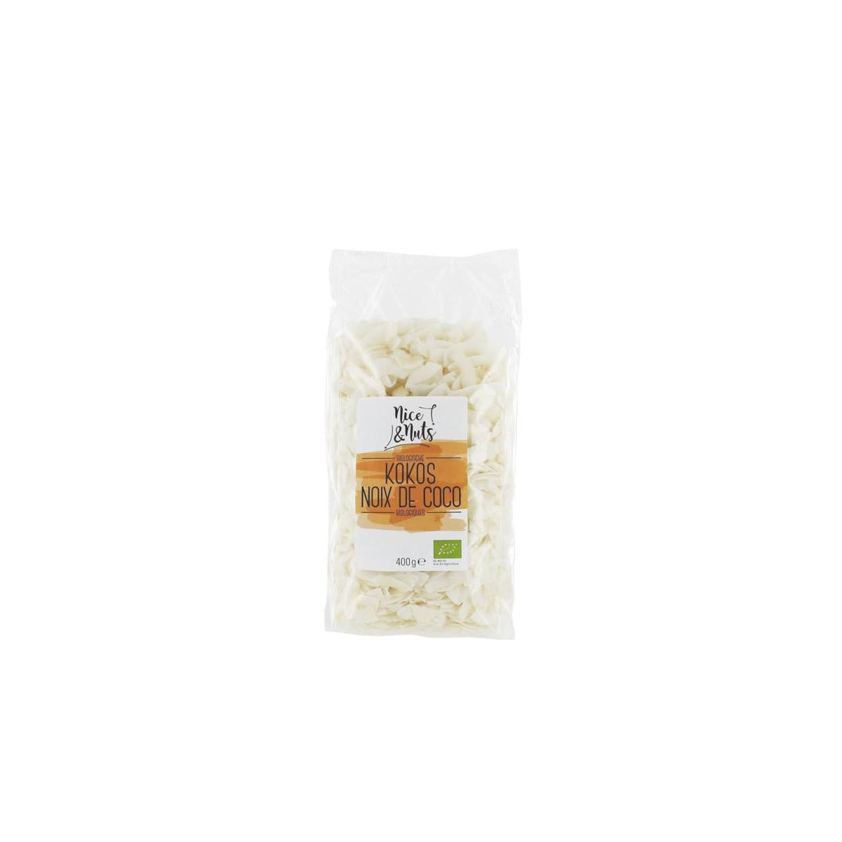 Nice & Nuts organic coconut chips in a 400g bag, featuring crispy, shredded coconut slices on a plain background.