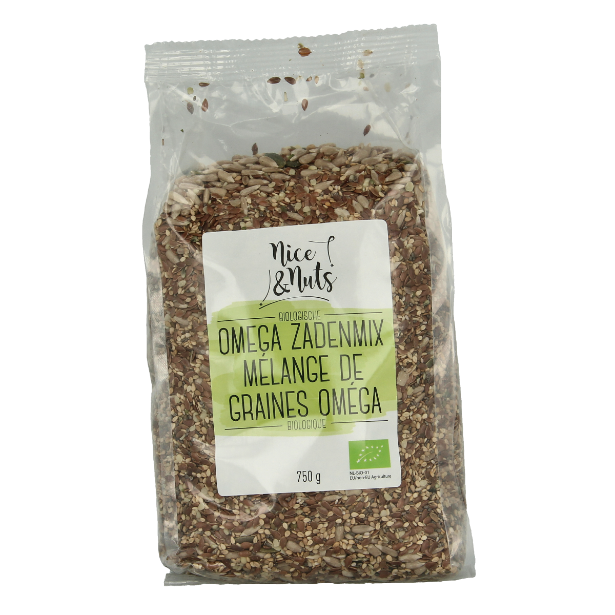 Organic Nice & Nuts Omega zadenmix, raw superfood blend in a 750g package, featuring a variety of nutrient-rich seeds.