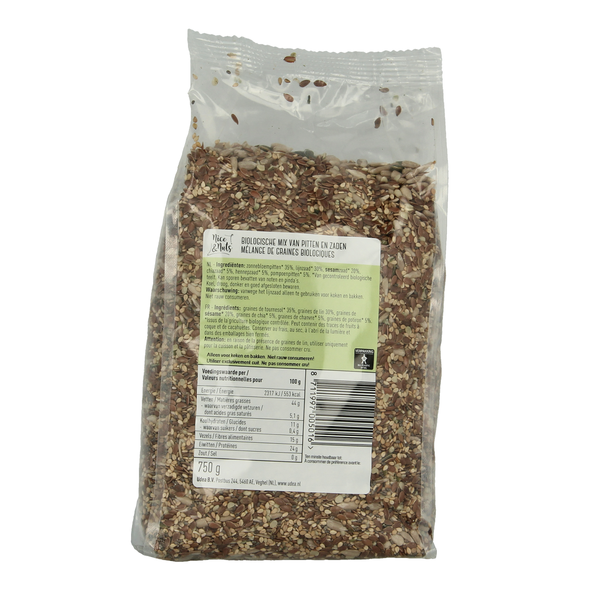 Organic Nice & Nuts Omega zadenmix, 750g of raw superfoods with mixed omega-rich seeds in a clear resealable bag