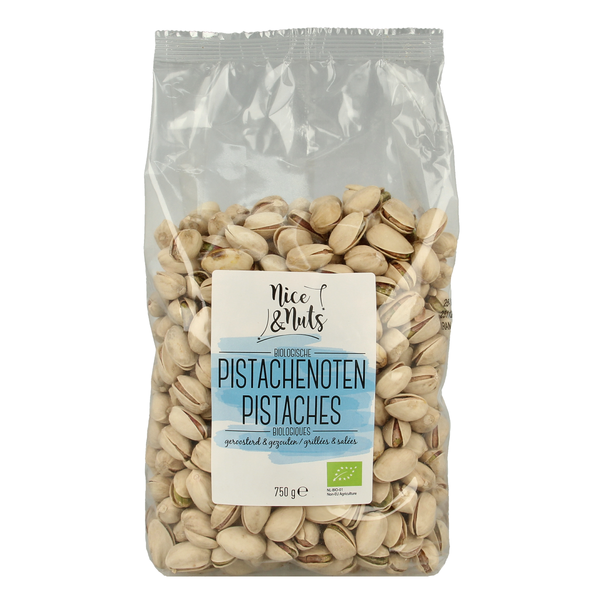 Roasted and salted organic pistachios in a 750g bag from Nice & Nuts, a healthy snack option.