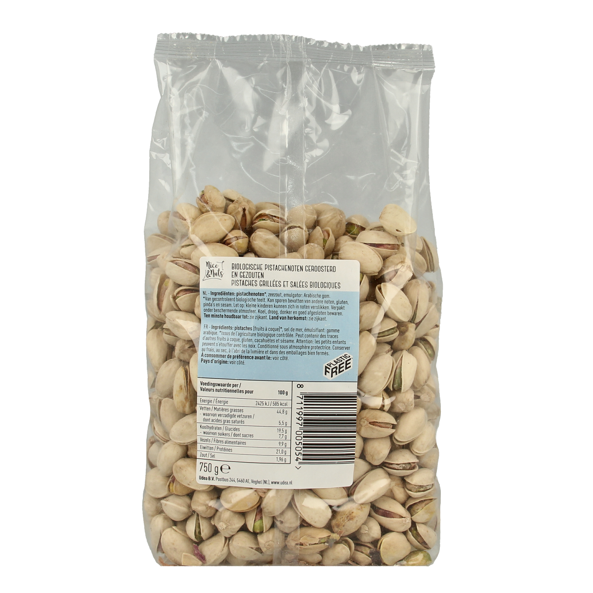 Roasted and salted organic pistachio nuts in a 750g bag by Nice & Nuts, shown in a clear snack package.