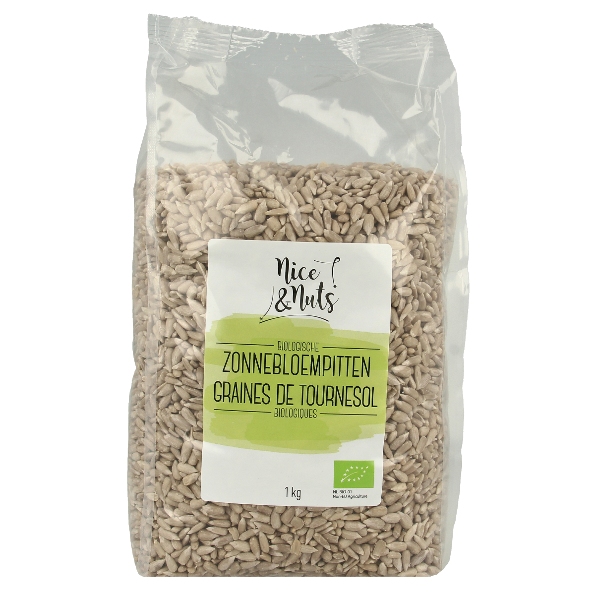 Raw organic sunflower seeds from Nice & Nuts, 1 kilogram bag, shown in a clear, resealable package.