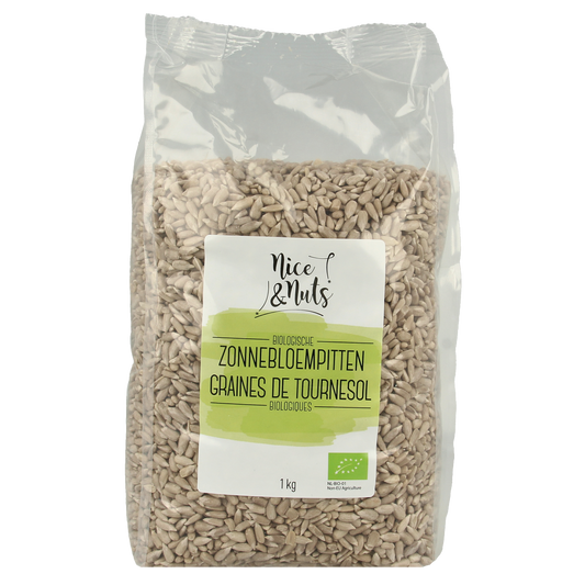 Raw organic sunflower seeds from Nice & Nuts, 1 kilogram bag, shown in a clear, resealable package.