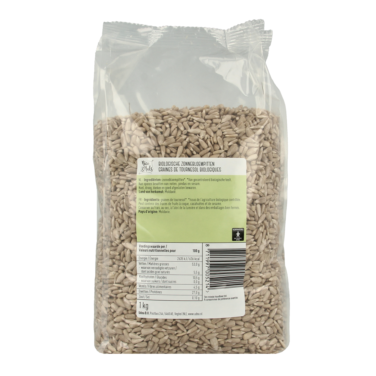Raw organic sunflower seeds from Nice & Nuts, 1 kg package, displayed in a clear view of the seeds in a natural setting.