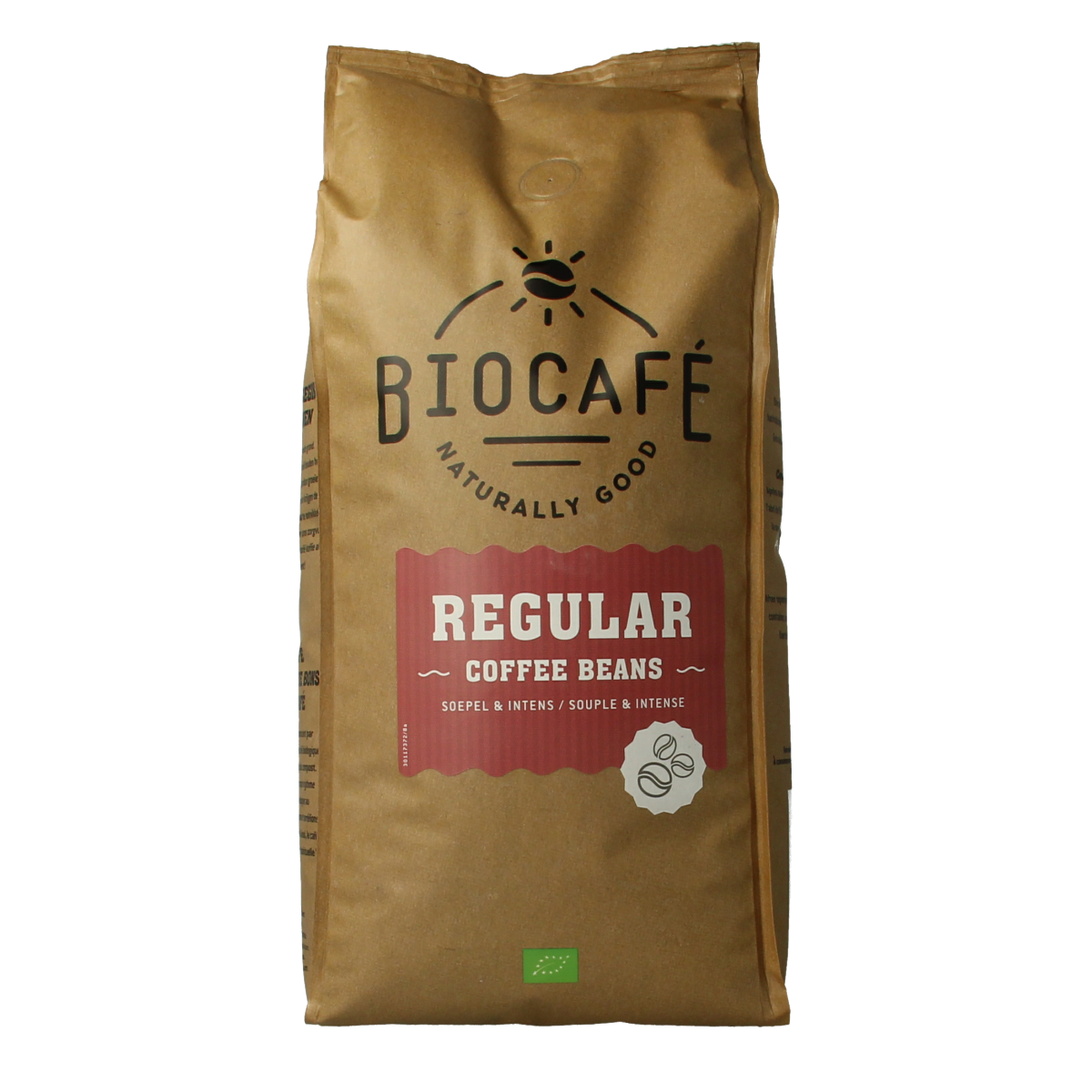 Biocafe organic coffee beans in a 1kg bag, fresh regular coffee for brewing, part of Biocafe's coffee and tea selection.