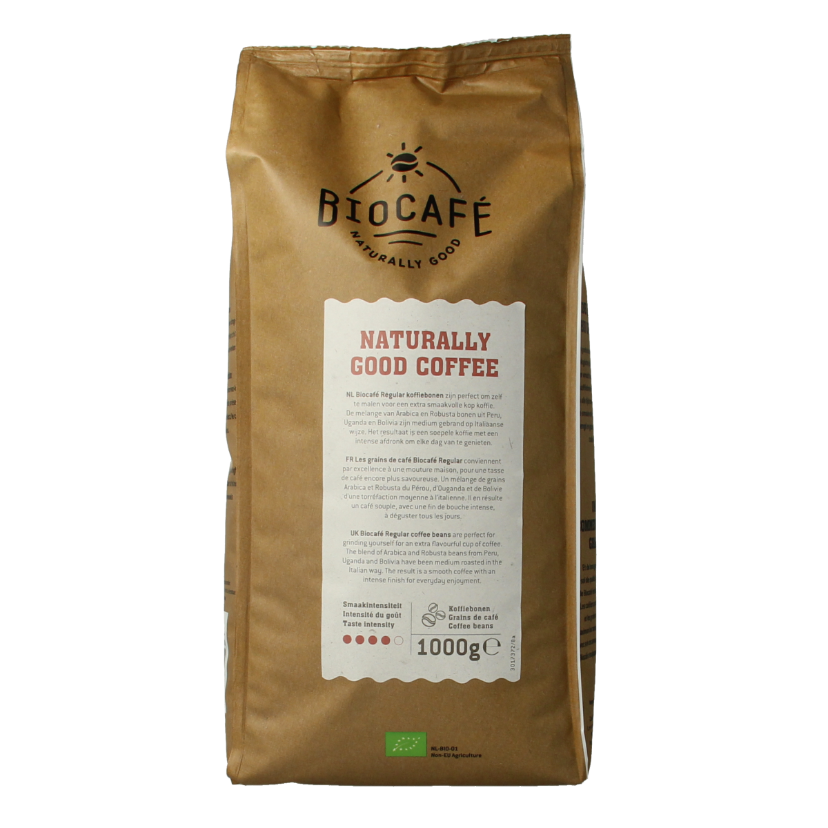 Biocafe organic coffee beans in a 1kg bag, showcasing fresh, whole coffee beans for brewing rich, aromatic coffee.