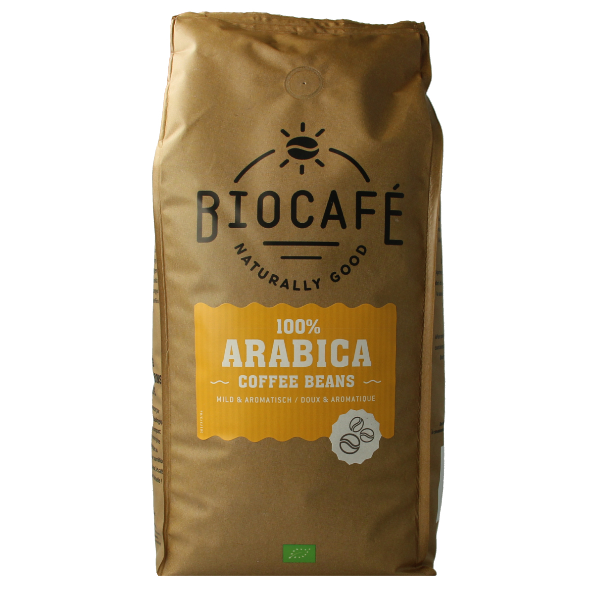 Biocafe organic Arabica coffee beans in a 1kg bag, fresh and aromatic for brewing rich, flavorful coffee at home.