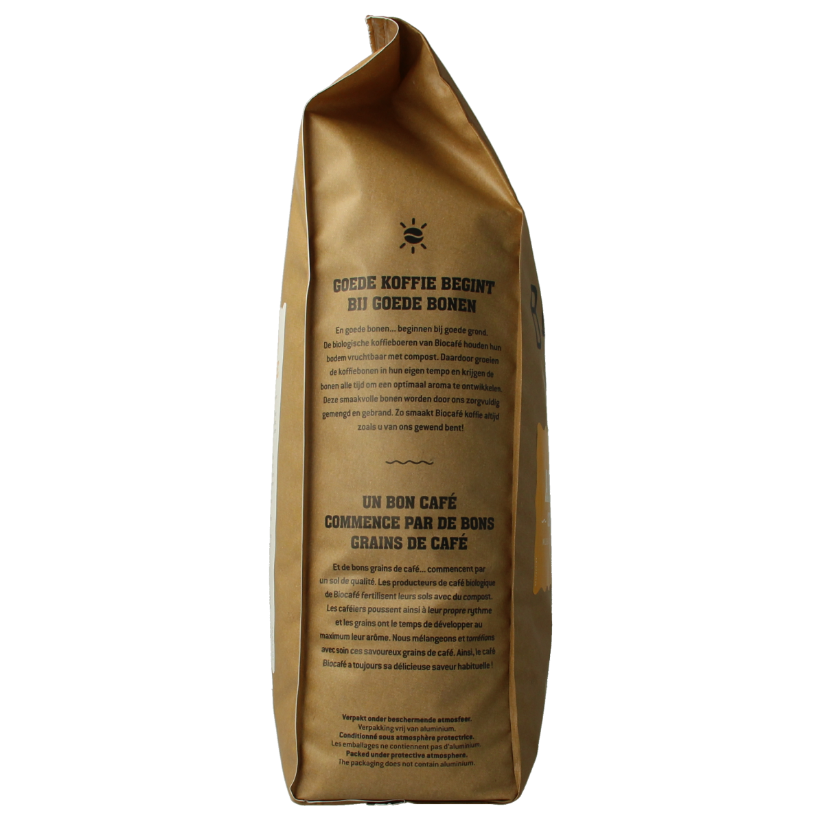 Organic Biocafe Arabica coffee beans in a 1kg bag, showcasing fresh, roasted coffee beans for brewing.