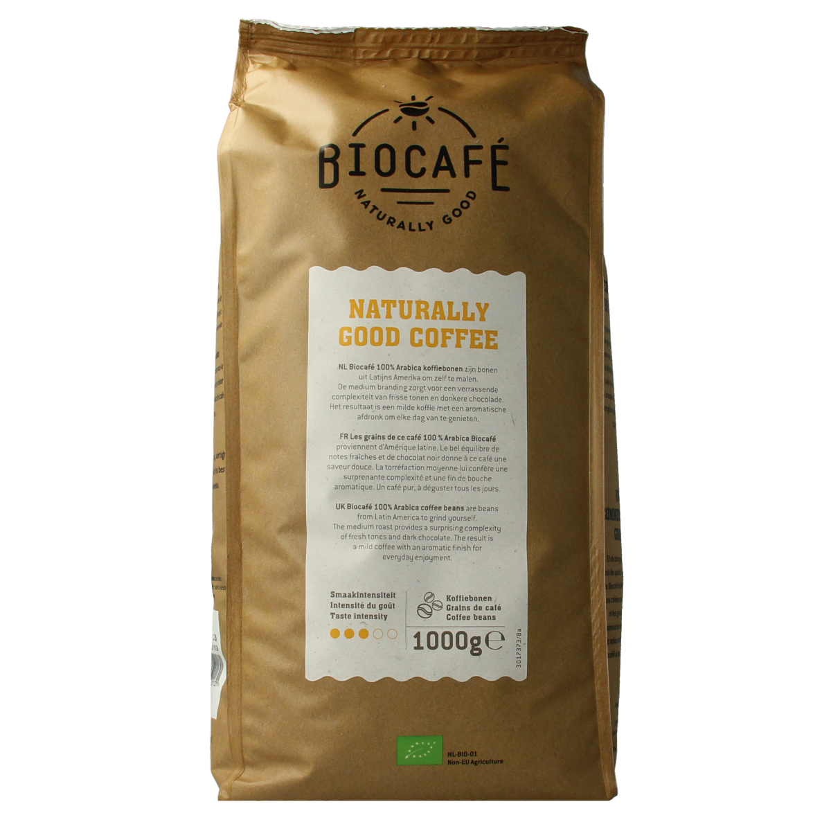 Biocafe Arabica organic coffee beans in a 1kg bag, fresh and aromatic, for brewing high-quality coffee.
