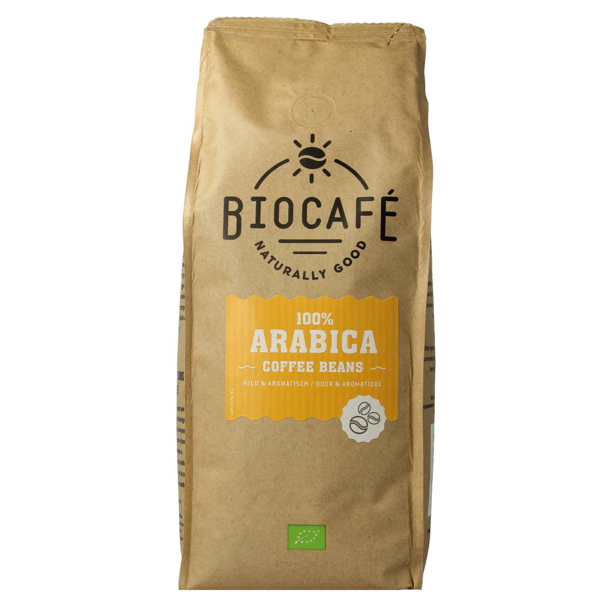 Organic Arabica coffee beans by Biocafe, 500 grams, showcasing fresh, whole coffee beans in a natural setting.