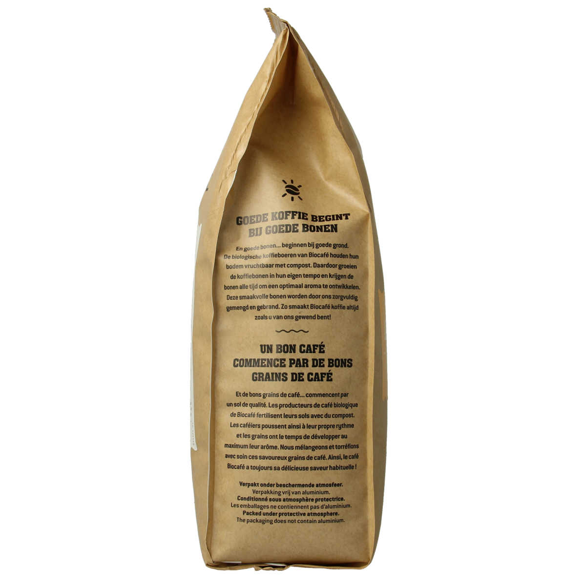Organic Biocafe Arabica coffee beans in a 500g bag, fresh and aromatic for brewing rich coffee.