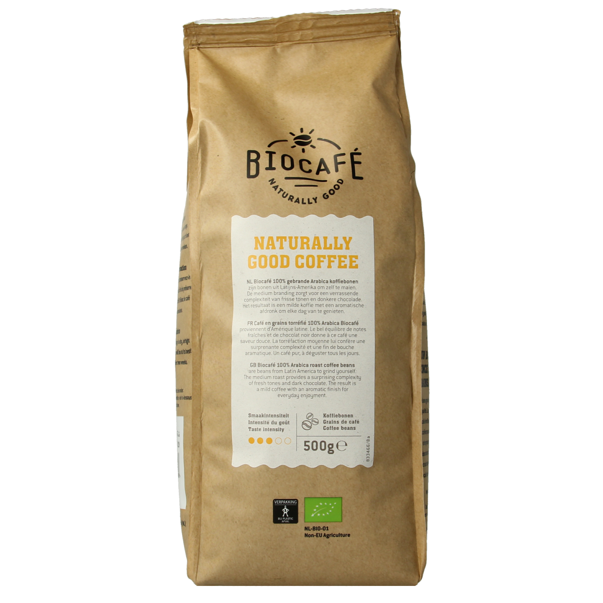Organic Arabica coffee beans by Biocafe in a 500g bag, showcasing the rich, roasted coffee beans.