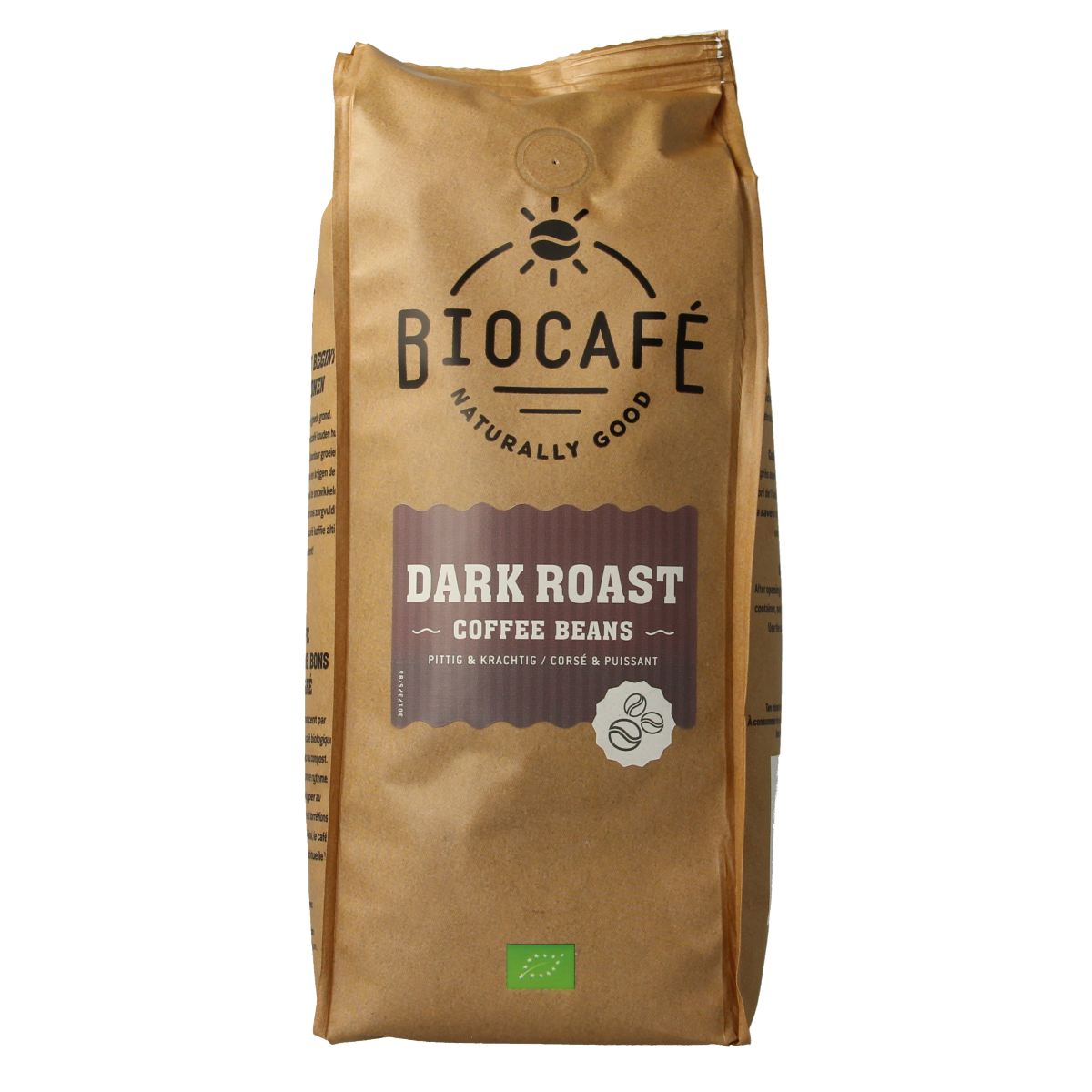 Dark roast organic coffee beans by Biocafe, 500g, showing glossy, roasted coffee beans in a clear bag.