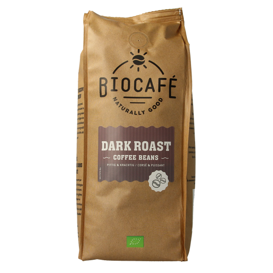 Dark roast organic coffee beans by Biocafe, 500g, showing glossy, roasted coffee beans in a clear bag.