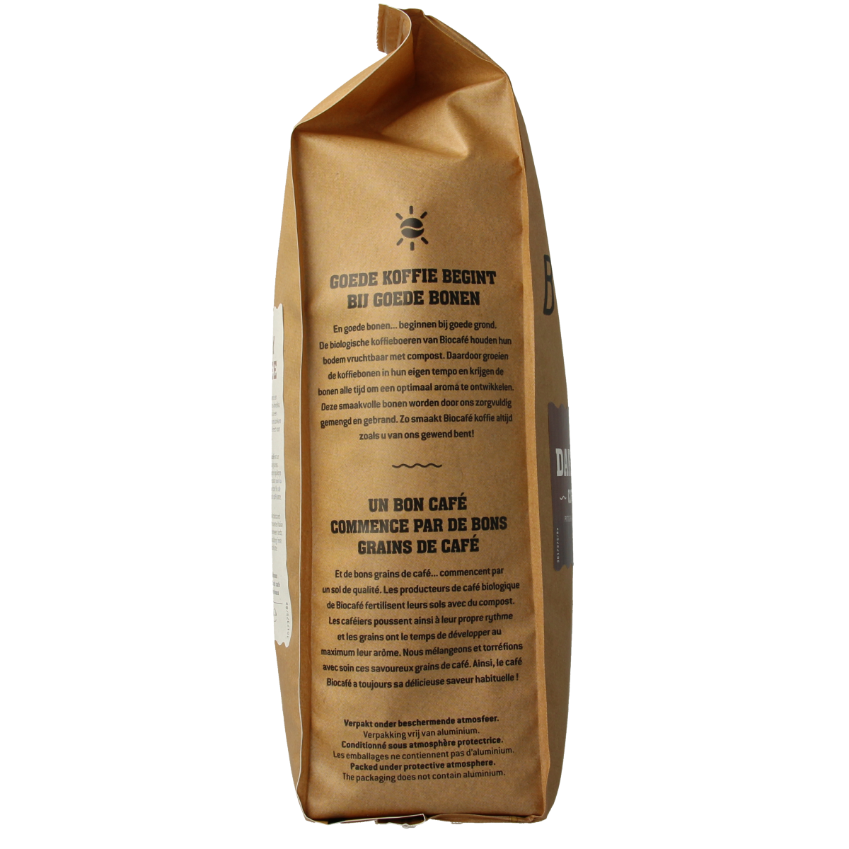 Biocafe dark roast organic coffee beans in a 500g bag, showcasing rich, roasted coffee beans suitable for brewing.