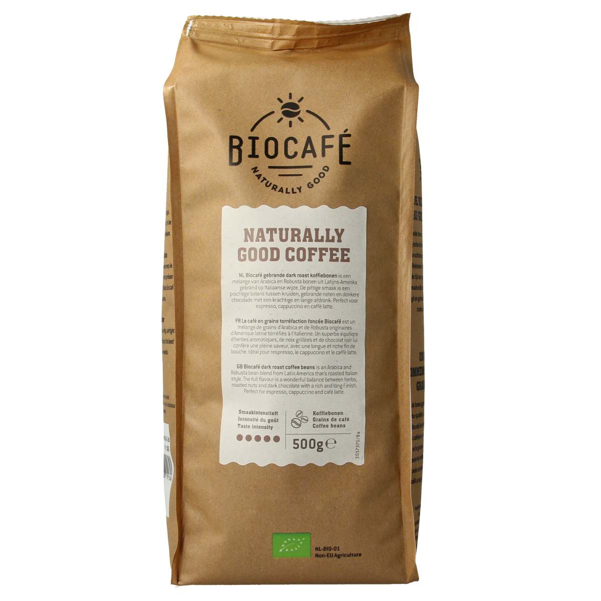 Biocafe dark roast organic coffee beans in 500g bag, premium quality for rich, bold coffee flavor