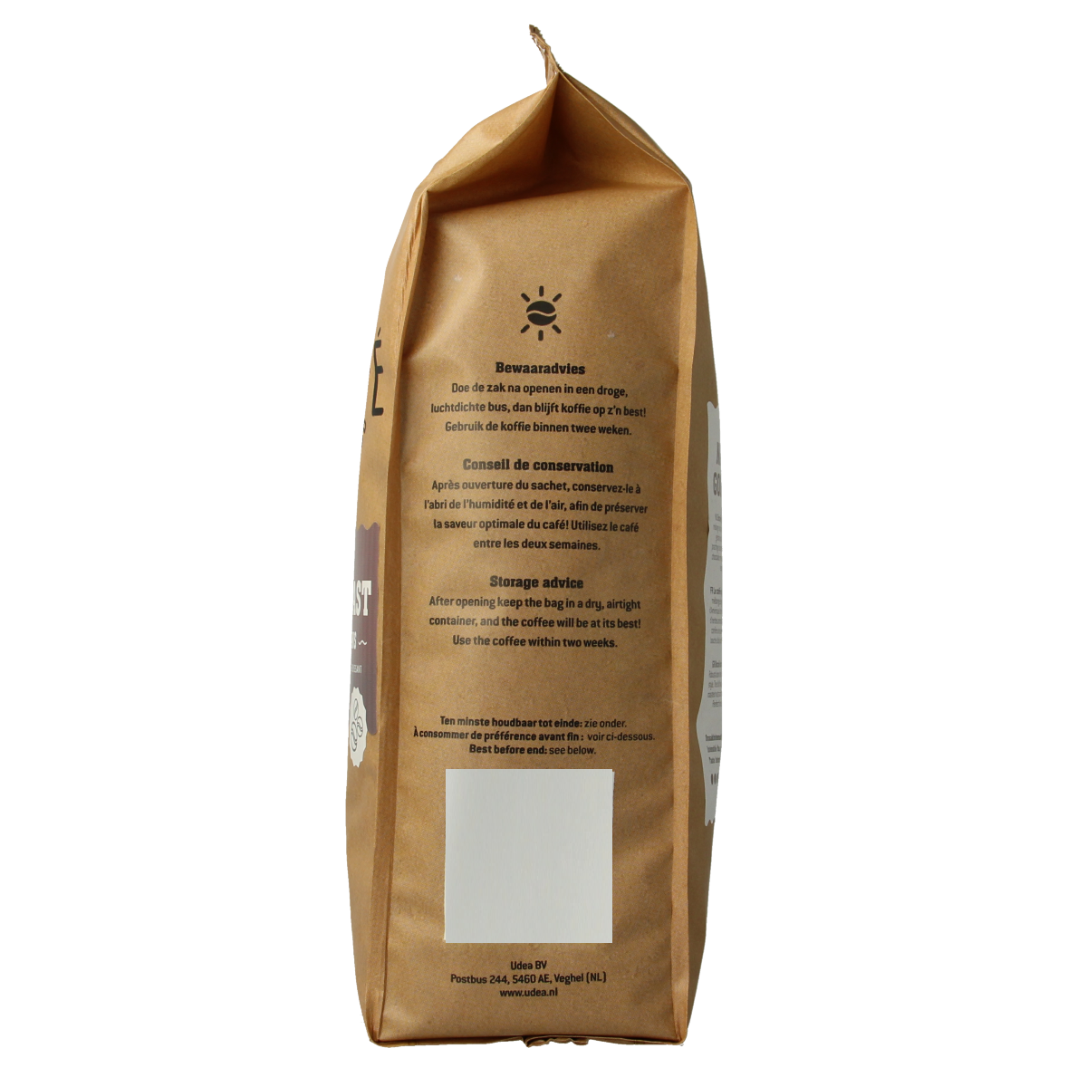 Dark roast organic coffee beans by Biocafe, 500g package, with fresh ground coffee beans in a natural setting.