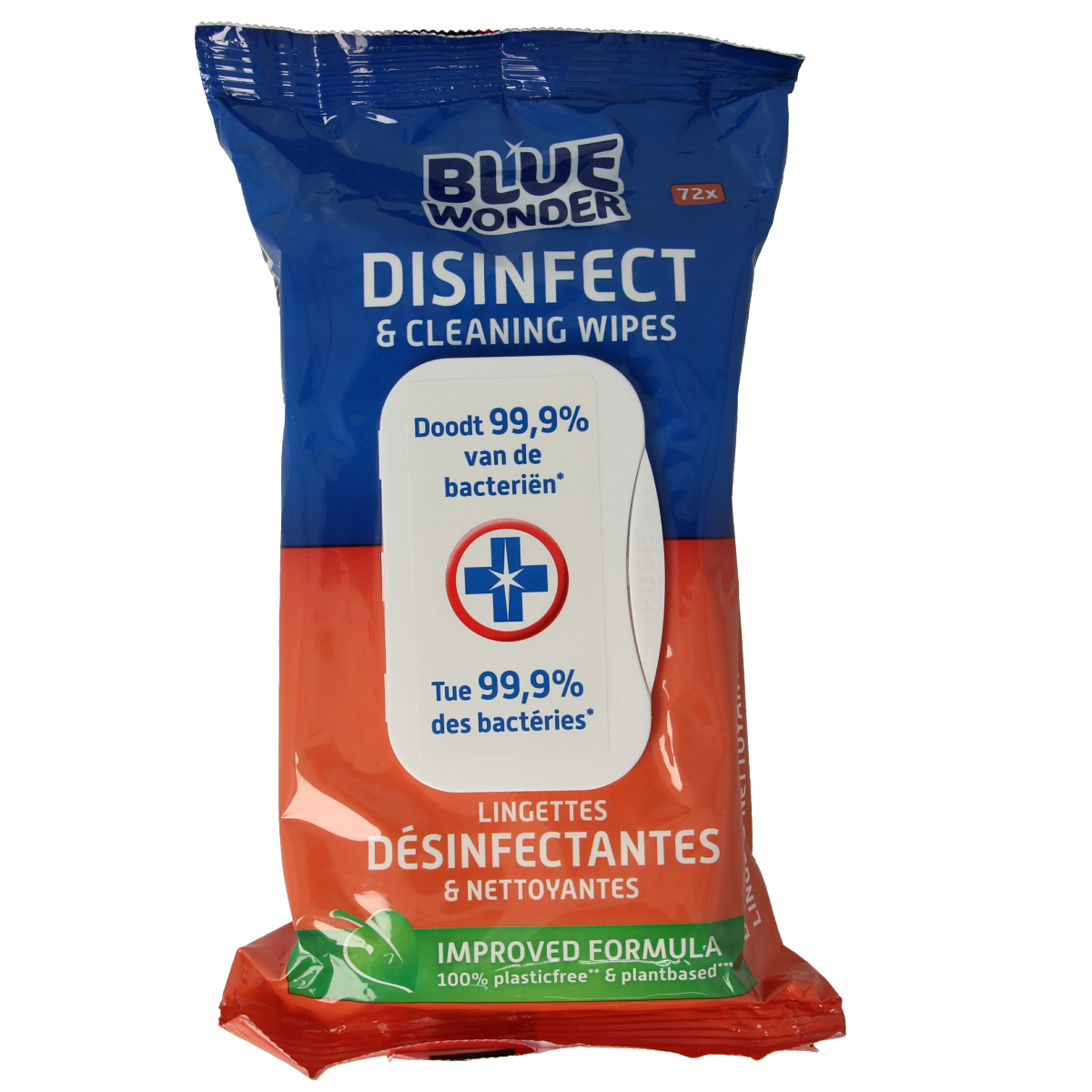 Blue Wonder disinfectant cleaning wipes in a pack of 72, showing blue packaging and hygienic surface preparation.
