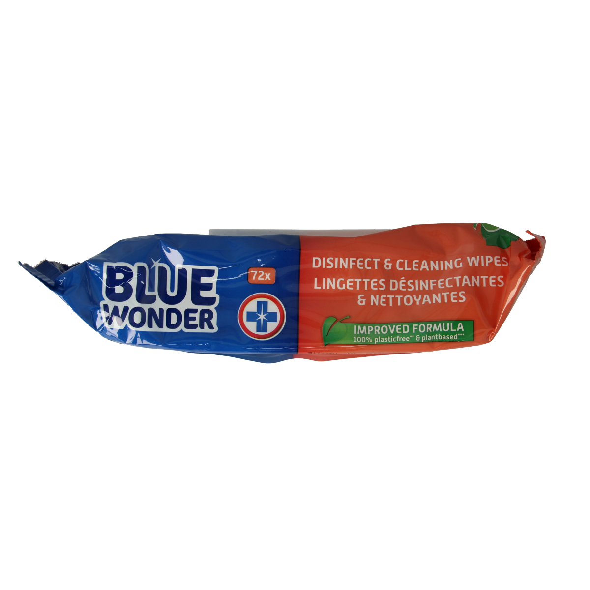 Blue Wonder Desinfect & cleaning wipes in a pack of 72, shown in a blue and white packaging, for disinfecting and cleaning surfaces.
