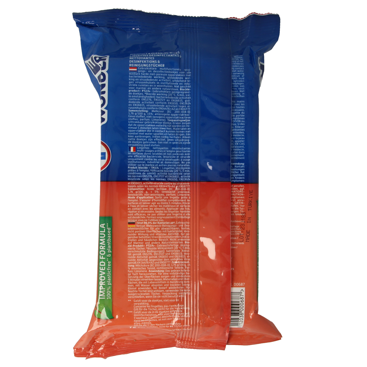 Blue Wonder disinfectant and cleaning wipes in a pack of 72, shown with blue packaging and wipe sheets.