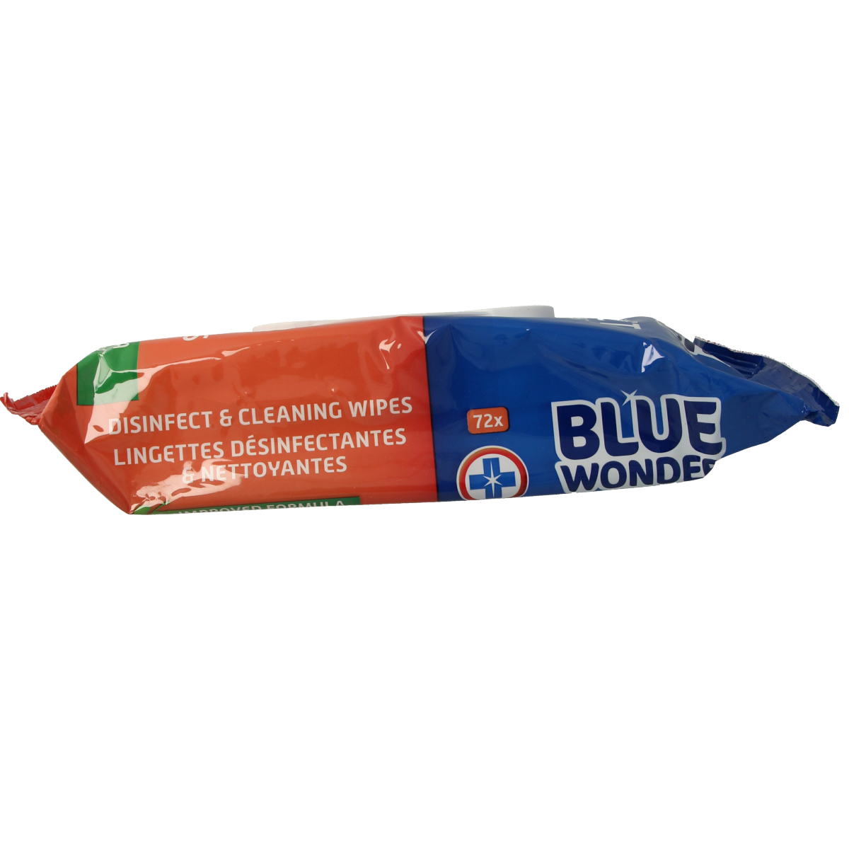 Blue Wonder Desinfect & cleaning wipes in a pack of 72, shown in a clean, organized setting for disinfecting and cleaning purposes.