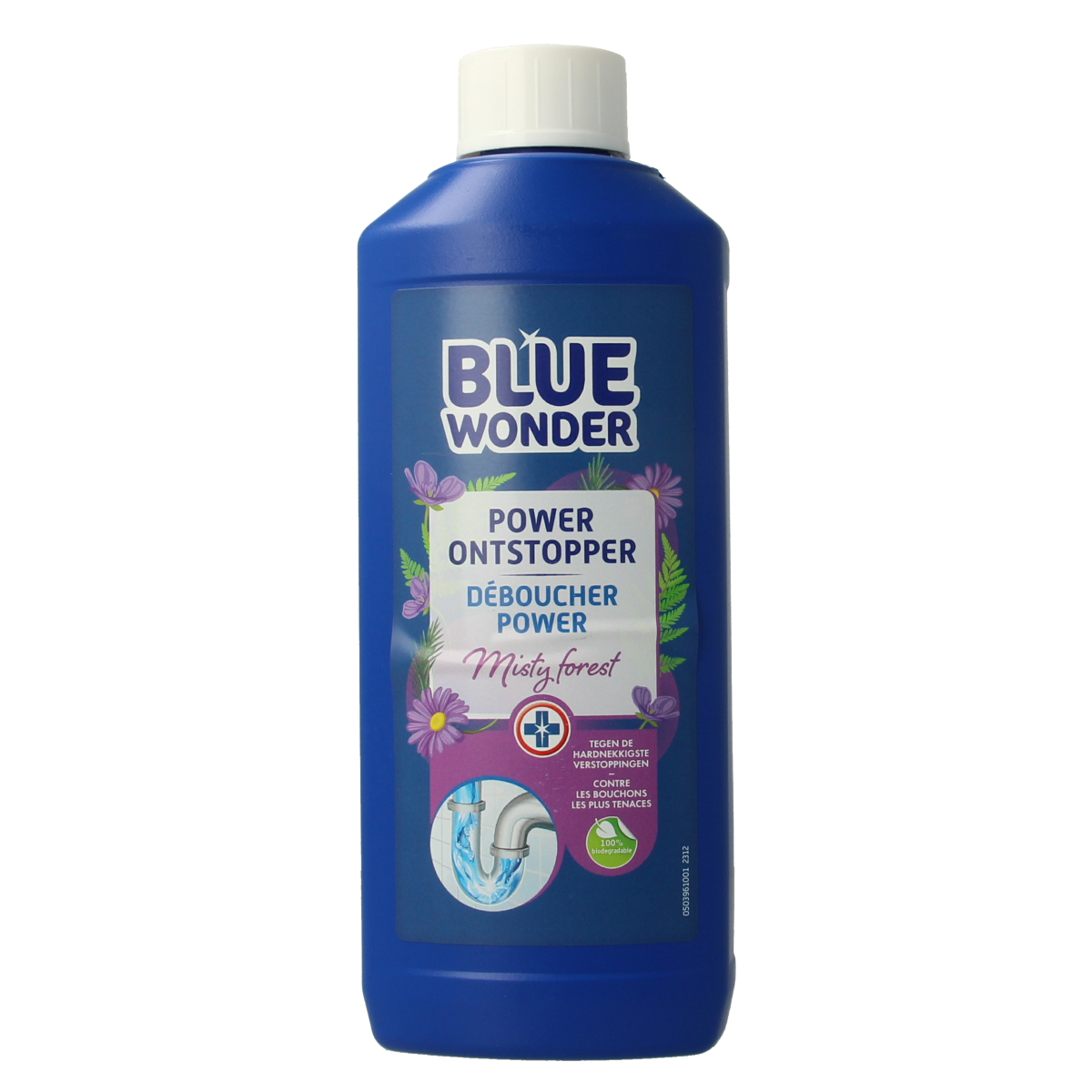 Blue Wonder Power Ontstopper 500ml bottle, cleaning product for unclogging drains, with blue and white label and cap.