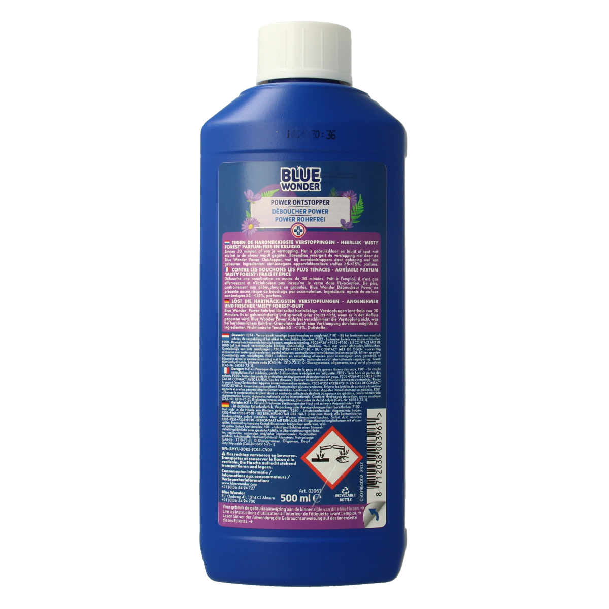 Blue Wonder Power ontstopper 500ml bottle for cleaning and unclogging drains, part of Blue Wonder cleaning products.