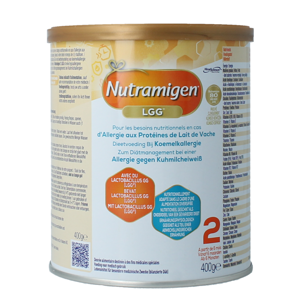 Nutramigen 2+ LGG baby and toddler formula in a 400g container, designed for sensitive digestion and immune support.