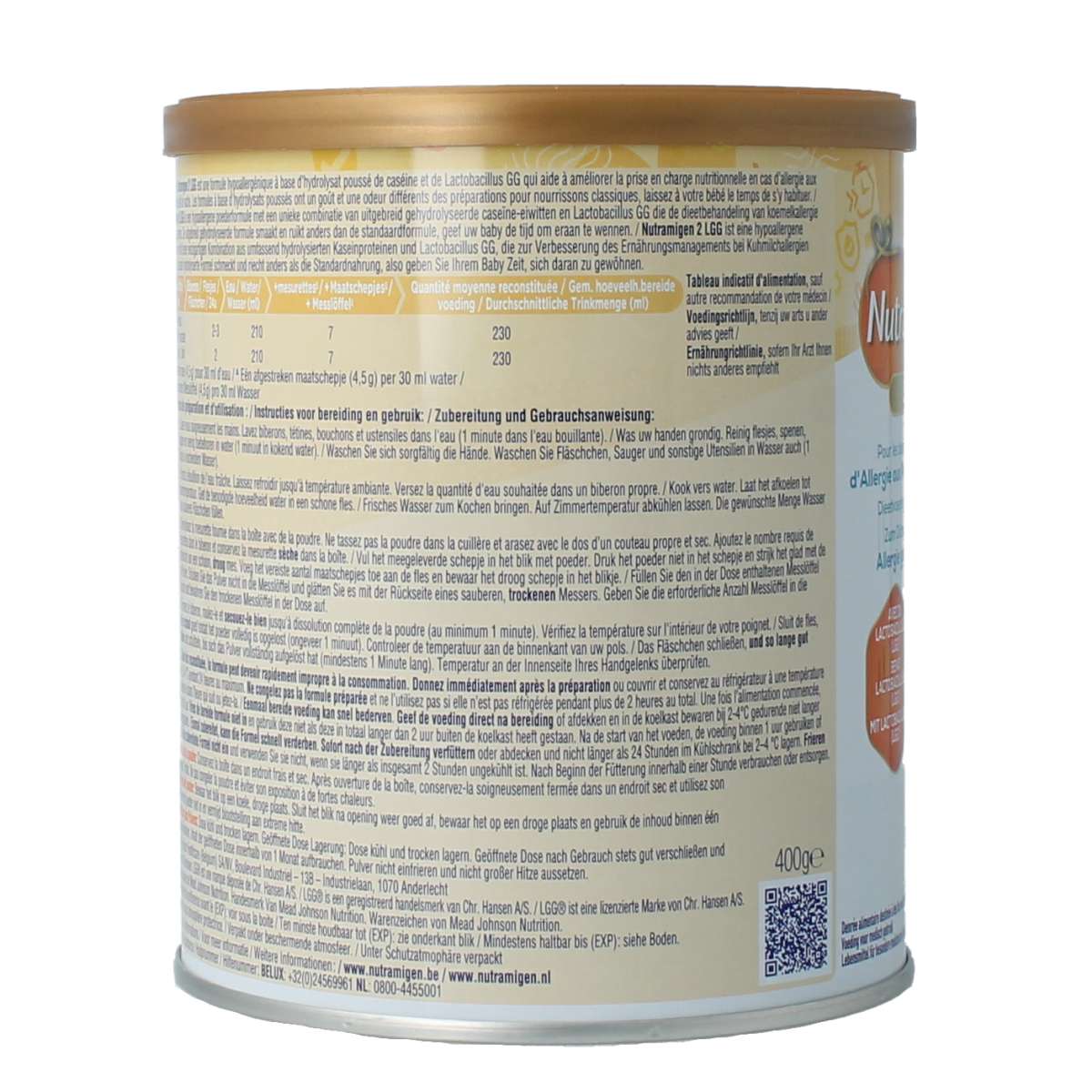 Nutramigen 2+ LGG baby and toddler formula in a 400g container, natural infant nutrition for digestive health.