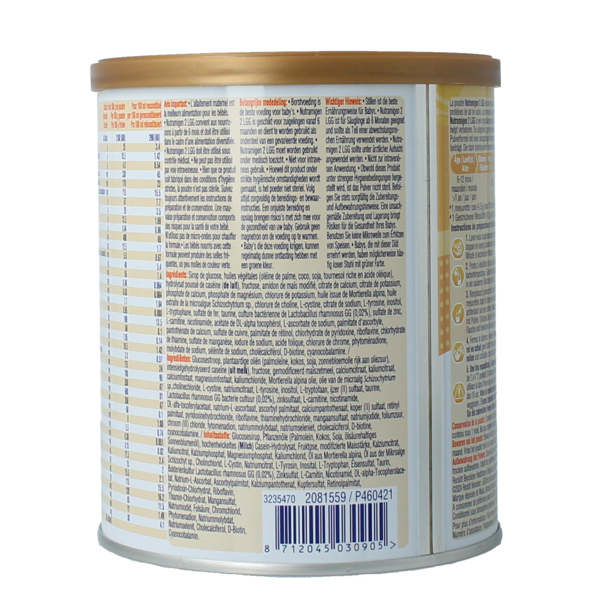 Nutramigen 2+ LGG baby and toddler formula in a 400g container, designed for sensitive stomachs and digestive support.