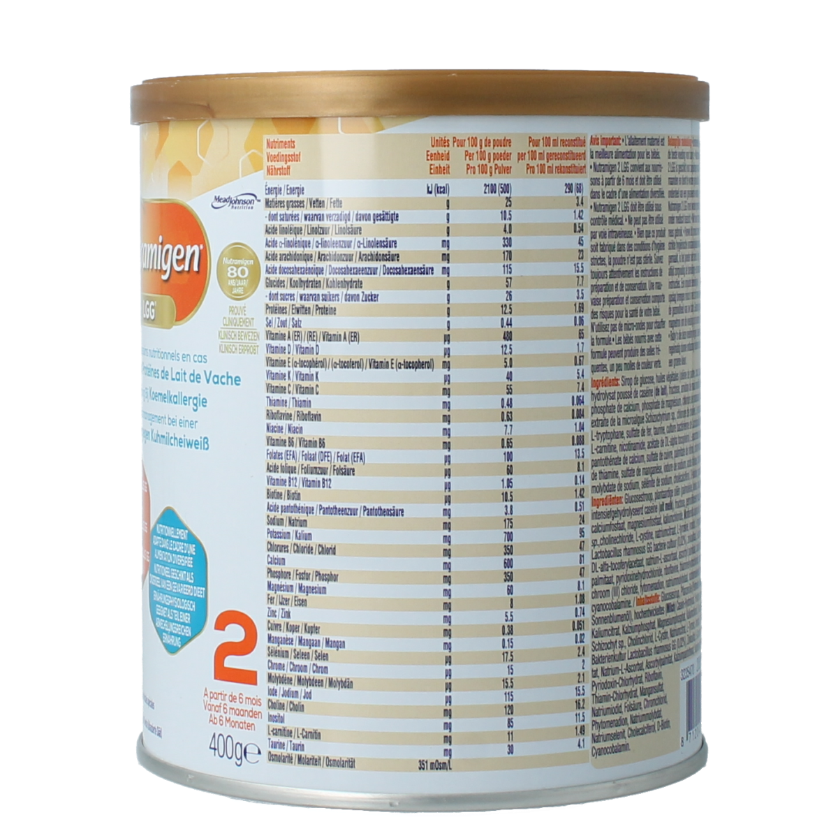 Nutramigen 2+ LGG baby and toddler formula in a 400g container, designed for digestive health and nutrition.
