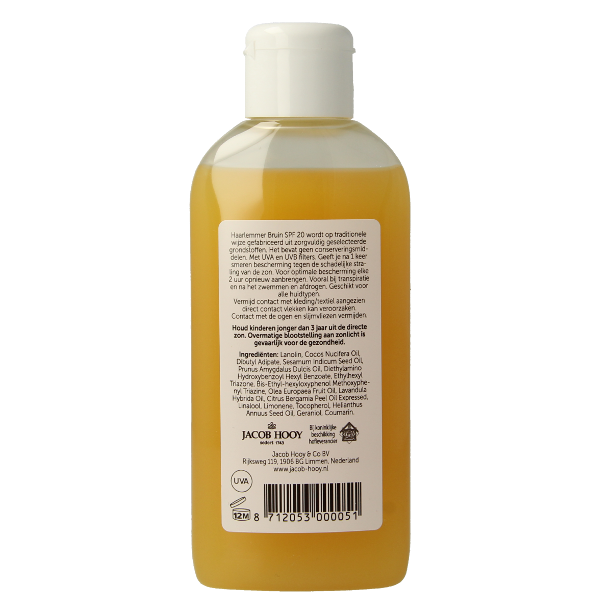 Jacob Hooy Haarlemmerbruin SPF20 sun lotion in 150ml bottle, protective sunscreen for skin, shown in the image.