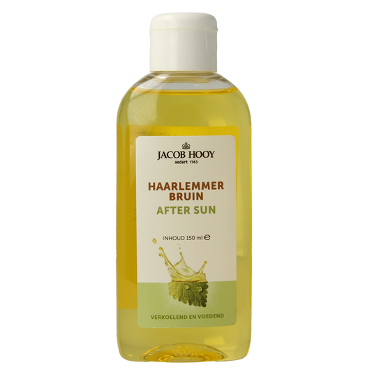 Jacob Hooy Haarlemmerbruin aftersun lotion in a 150ml bottle, featuring natural ingredients and a calming design.