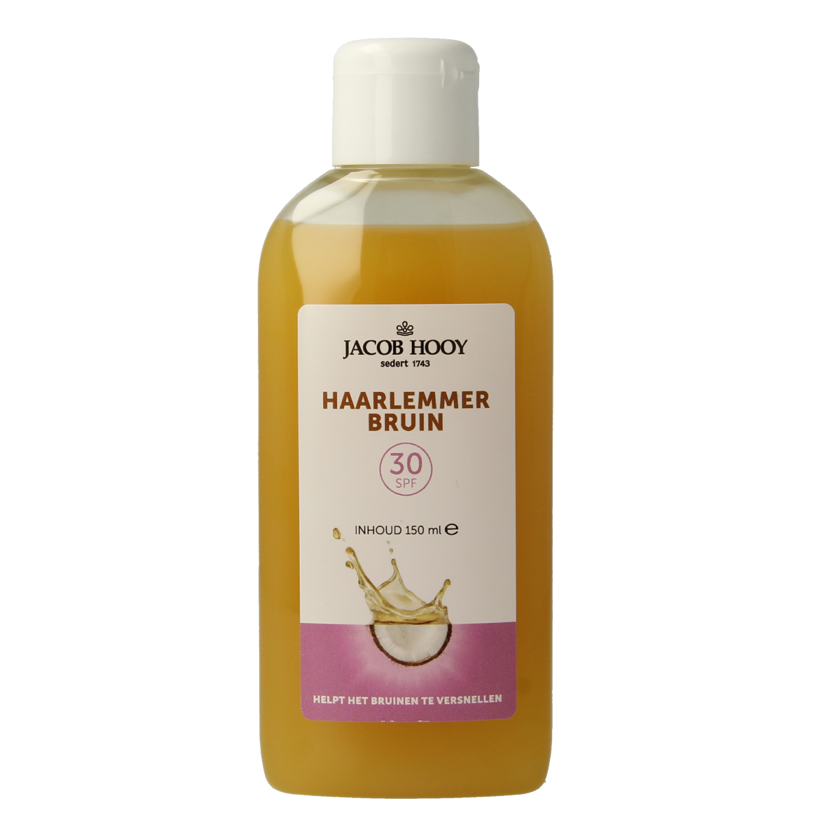 Jacob Hooy Haarlemmerbruin SPF30 sunscreen bottle, 150ml, with a white cap and label featuring SPF 30 protection for sun exposure.