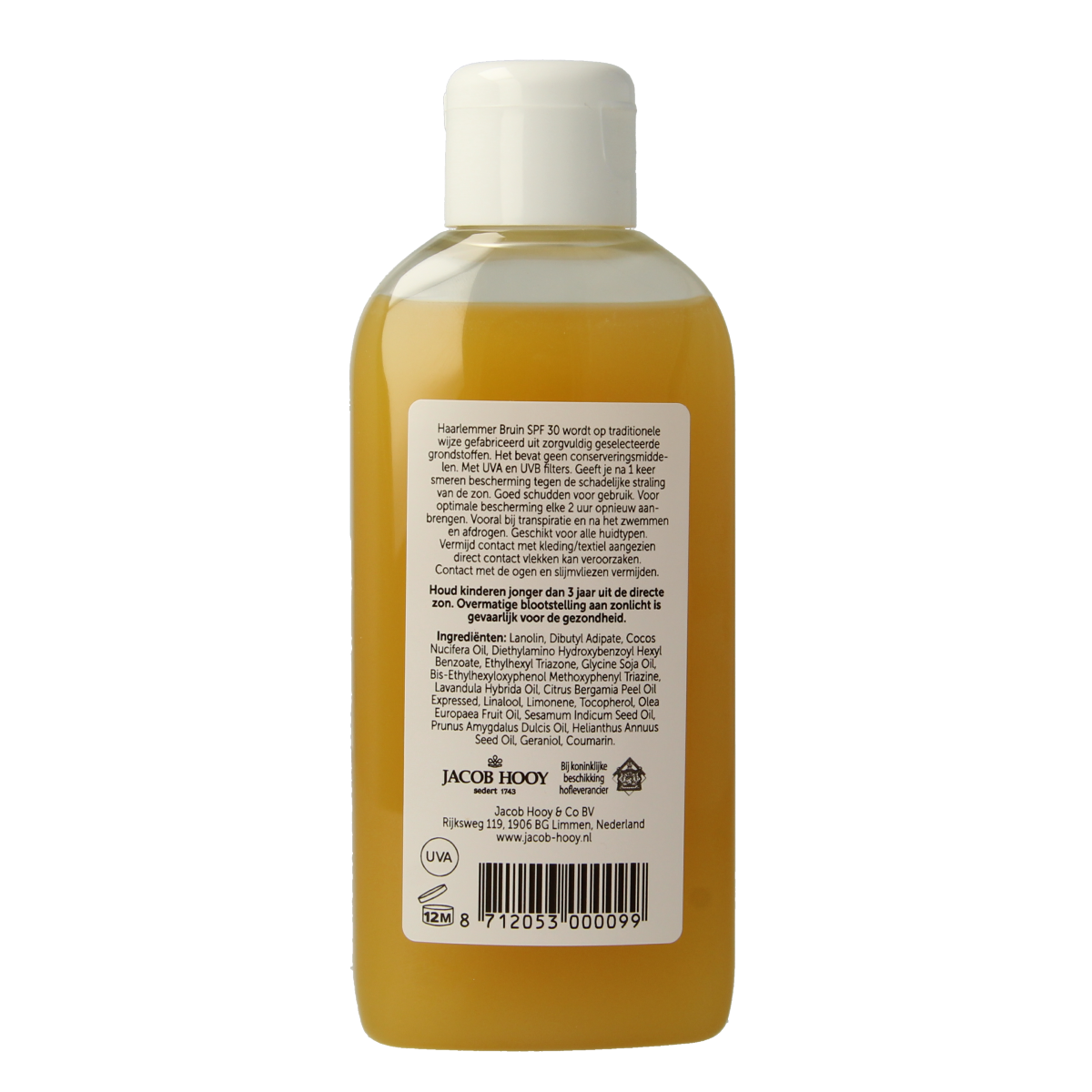 Jacob Hooy Haarlemmerbruin SPF30 sunscreen lotion in 150ml bottle, sun protection product from Jacob Hooy.