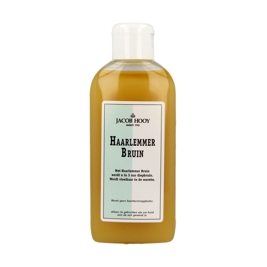 Jacob Hooy Haarlemmerbruin tanning lotion bottle, 150ml, with natural brown color and Jacob Hooy branding visible.