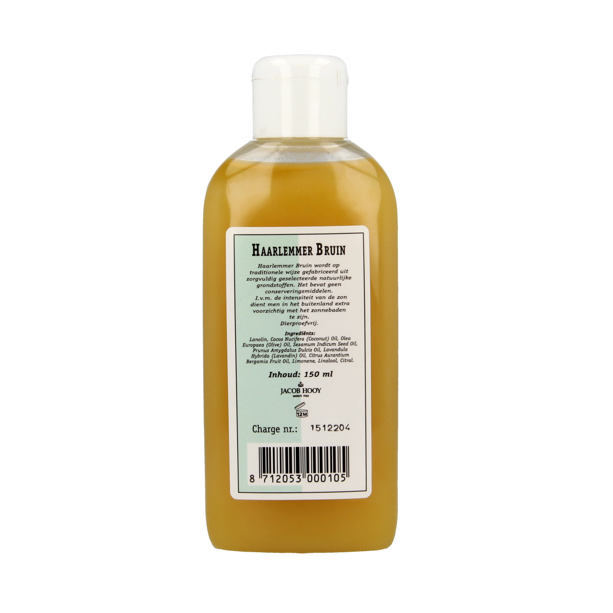 Jacob Hooy Haarlemmerbruin 150ml bottle of tanning lotion with natural ingredients and a brown label, displayed on a white background.