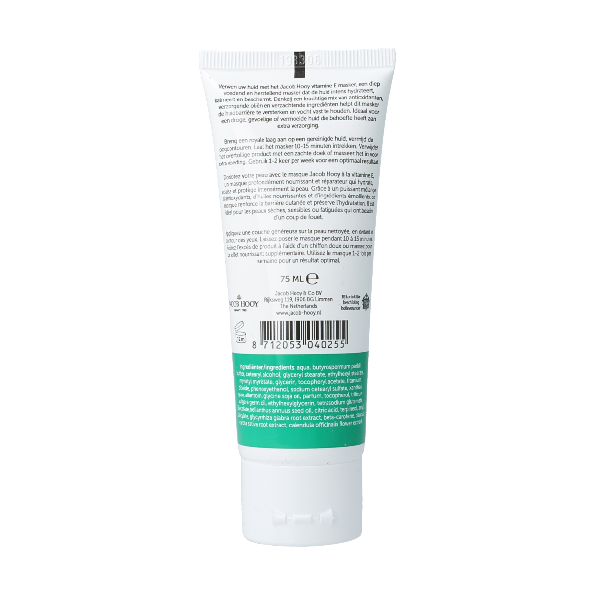 Jacob Hooy Vitamin E facial mask in a 75ml tube, designed for nourishing and hydrating skincare.