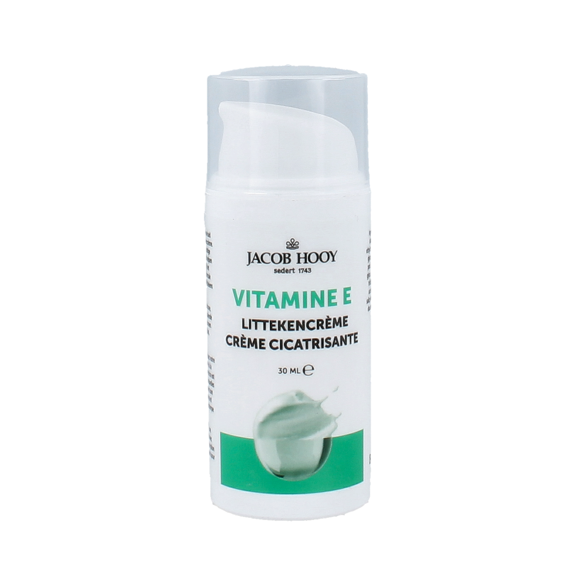 Jacob Hooy Vitamine E littekencrème in 30ml tube, a body care product for scars with vitamin E for skin healing.