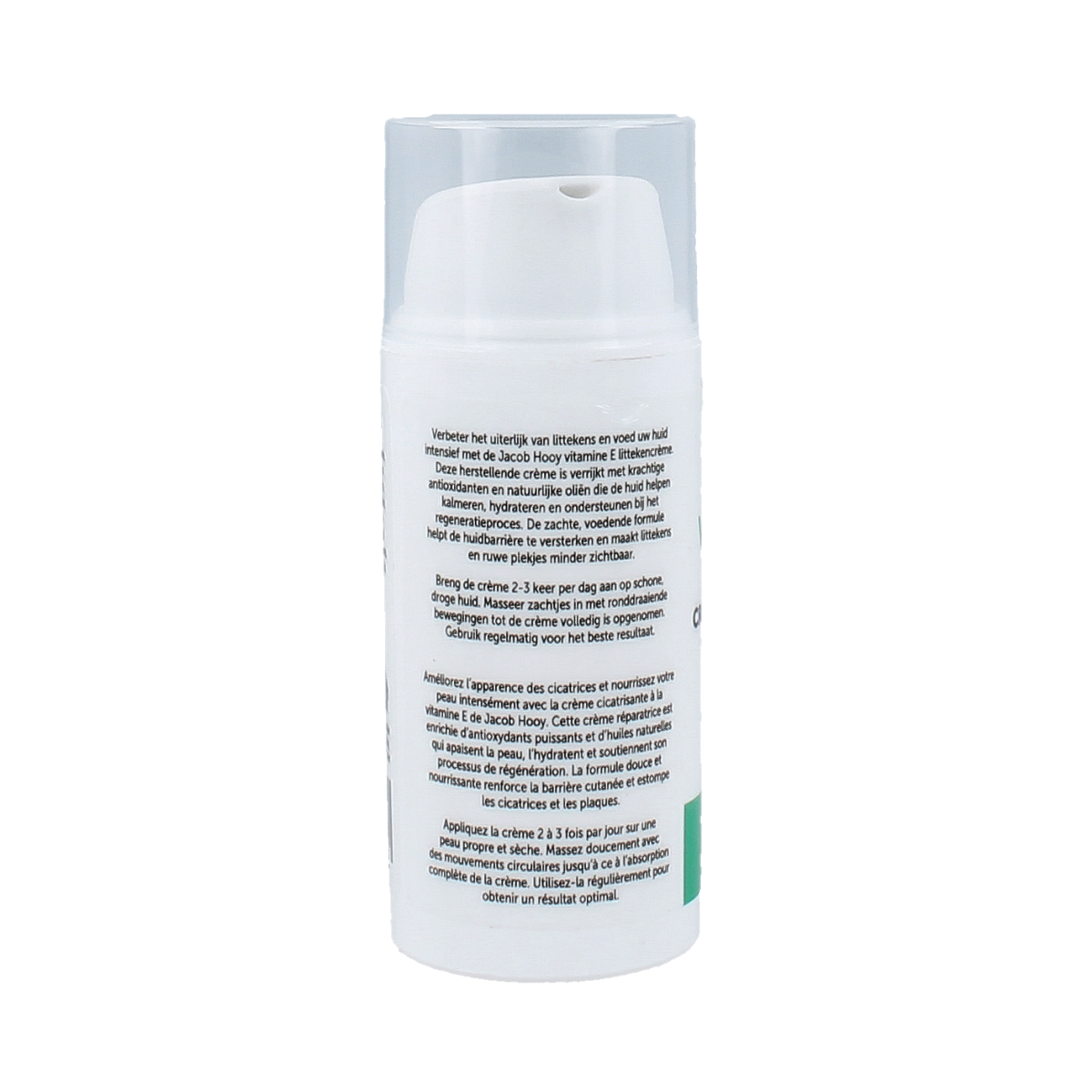 Jacob Hooy Vitamin E scar cream in 30ml tube, a body care product for skin healing and moisturization.