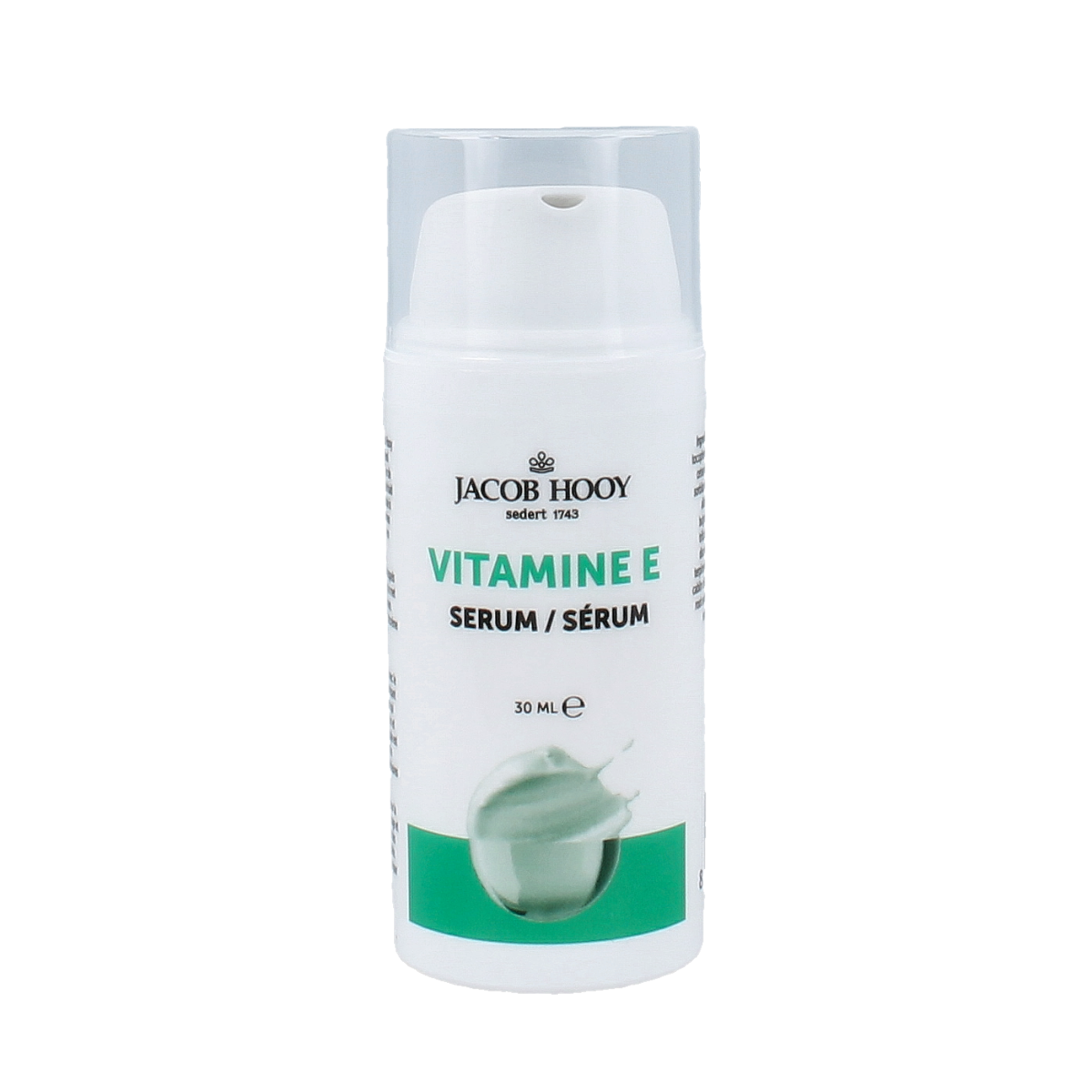 Jacob Hooy Vitamin E serum 30ml in a clear bottle, featuring a dropper for facial skincare and nourishing vitamin E.
