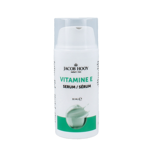 Jacob Hooy Vitamin E serum 30ml in a clear bottle, featuring a dropper for facial skincare and nourishing vitamin E.