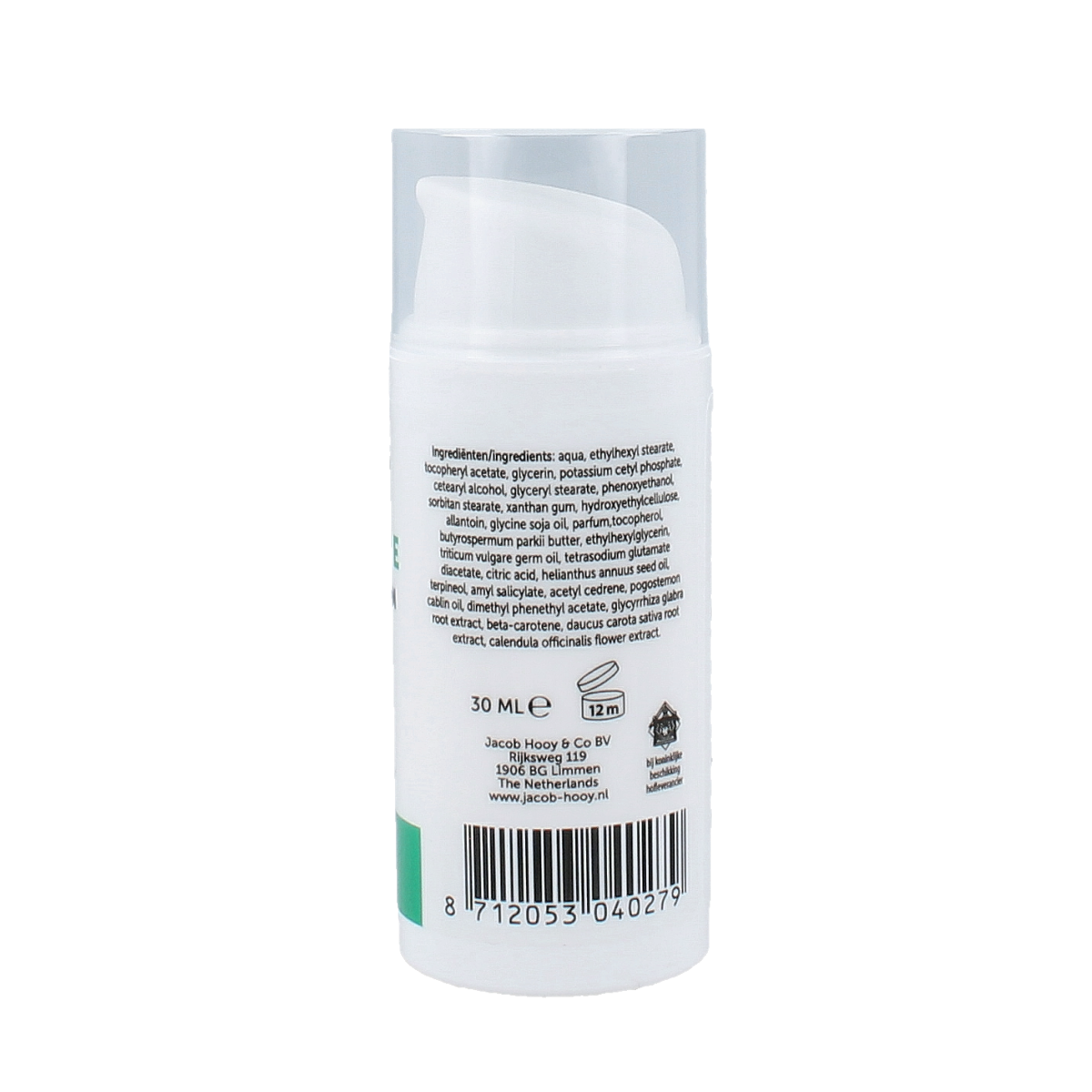 Jacob Hooy Vitamin E serum in a 30ml bottle, facial skincare product with a clear dropper and white label.