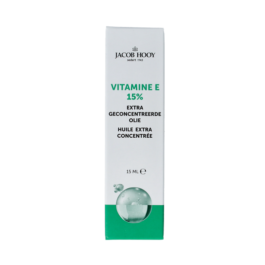 Jacob Hooy Vitamin E face oil 15% concentration in a 15ml bottle, natural skincare product for nourishing facial care.