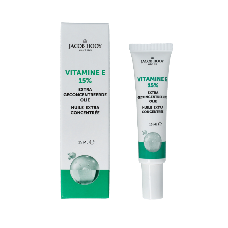 Jacob Hooy Vitamin E olie 15% concentraat in 15ml bottle, natural facial skincare product with nourishing vitamin E.