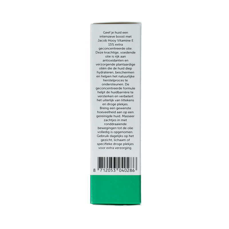 Jacob Hooy Vitamin E oil 15% concentrate in a 15ml bottle, used for facial skincare and skin nourishment.
