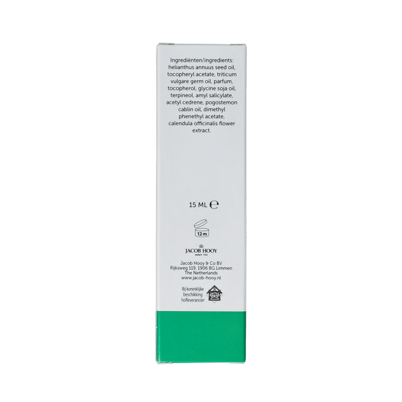 Jacob Hooy Vitamin E oil 15% concentration for facial skincare, 15ml bottle with dropper for nourishing and moisturizing skin.