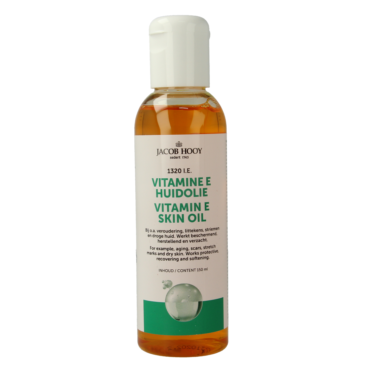 Jacob Hooy Vitamine E huidolie in 150ml bottle, natural body care product with vitamin E for skin nourishment.
