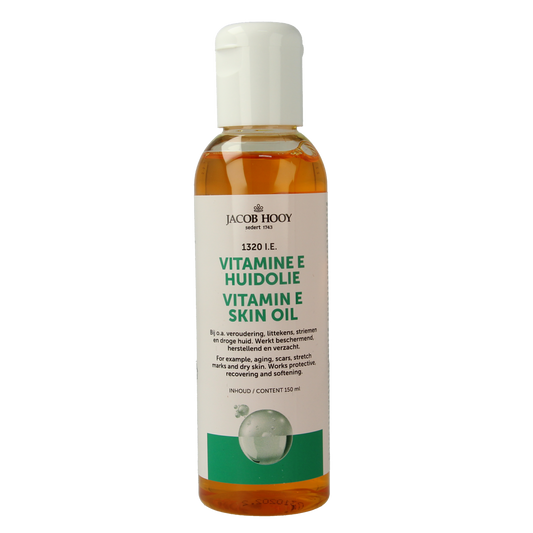 Jacob Hooy Vitamine E huidolie in 150ml bottle, natural body care product with vitamin E for skin nourishment.