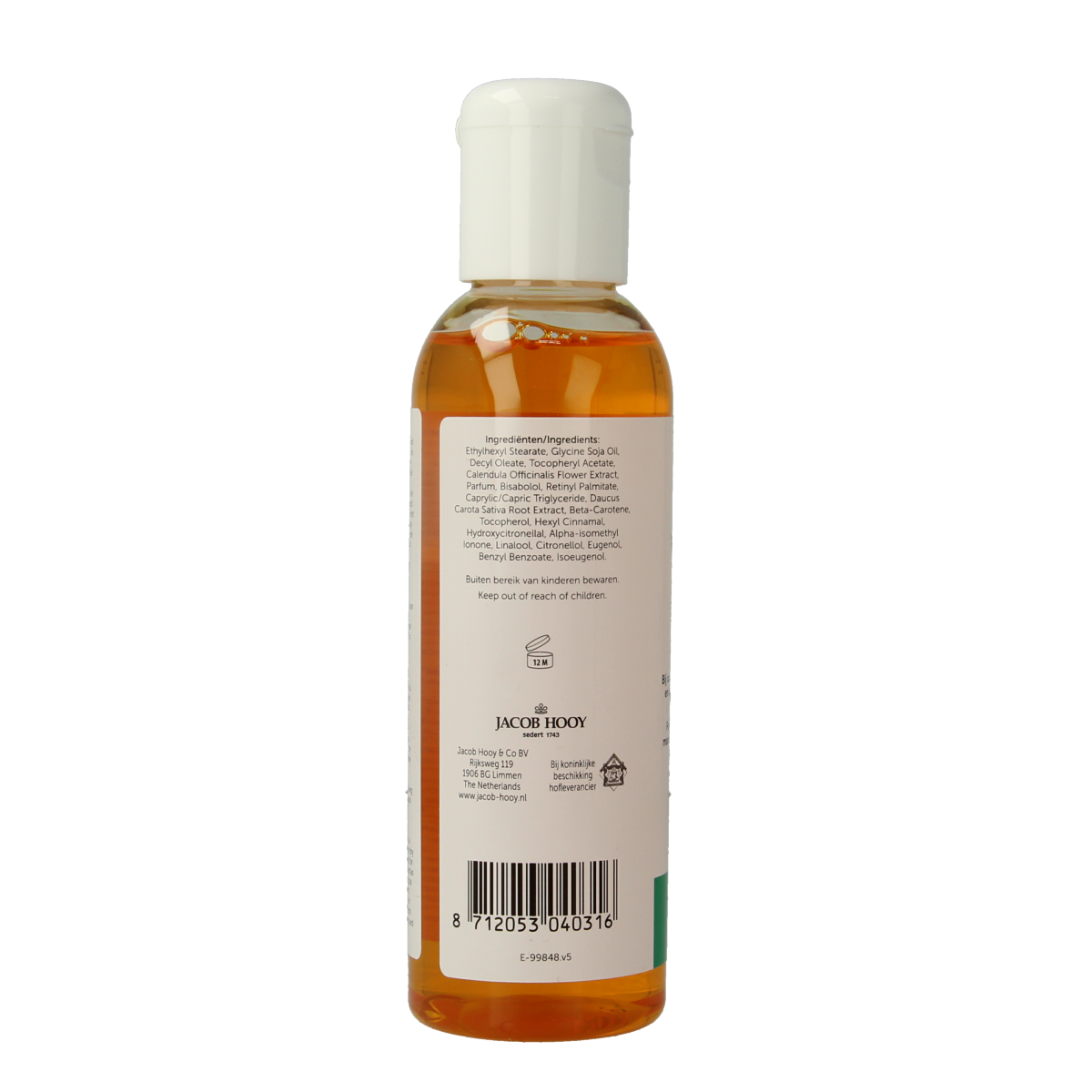 Jacob Hooy Vitamin E huidolie, 150ml, nourishing body oil with Vitamin E for skincare and hydration.